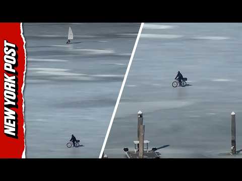 ‘He’s an Idiot’: Workers Stunned as Cyclist Rides Across Frozen New Jersey River