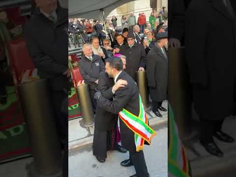 Archbishop Hicks greets Mayor Mamdani with a hug during St. Patrick’s Day festivities in NYC #shorts