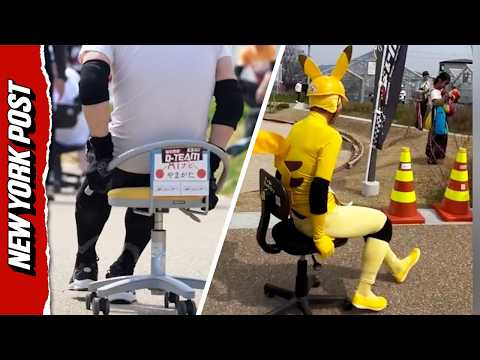 Backwards Office Chair Racing a Tradition in Kyotanabe, Japan