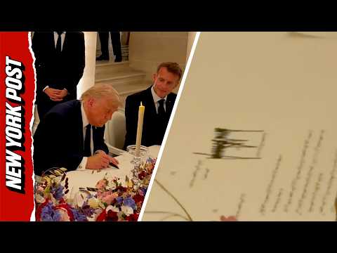 Watch Trump Sign Iran Deal By Hand Over Palace Dinner with Macron