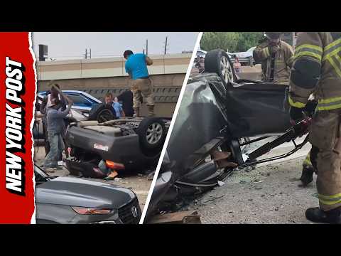 Overturned Car Torn Apart to Free Women Trapped After Overpass Plunge