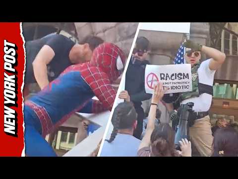 Chaos Erupts as Person in Spider-Man Costume Lunges at Jake Lang During Minneapolis Protest