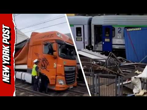 Terrifying Moment High-Speed Train Obliterates Trailer Truck Stuck on Tracks in Poland