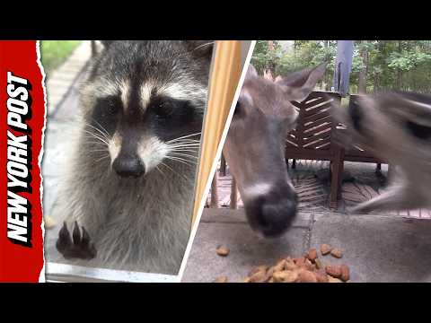 Seemingly Cute Raccoon Turns Into Massive Monster When Deer Approaches For a Nibble